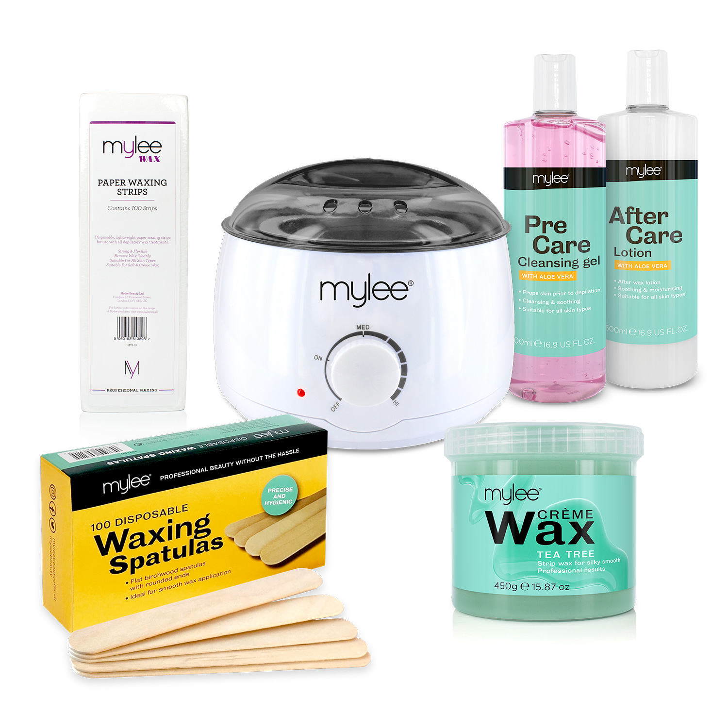 Mylee Complete Waxing Kit Heater Wax Pot Strips Spatulas Pre After Hair