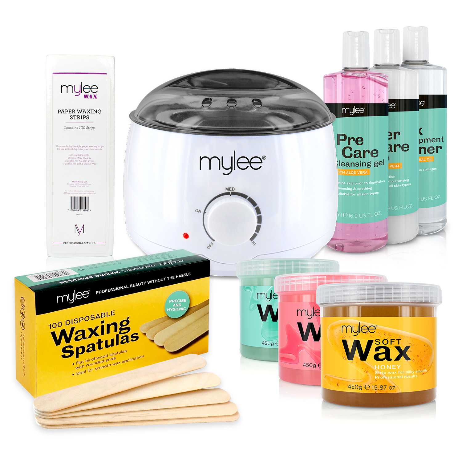 Professional Mylee Full Waxing Kit Heater Wax Strips Pre After Care