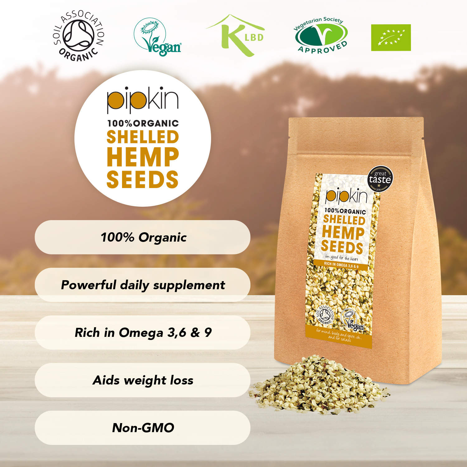 Pipkin Certified Organic Shelled Hulled Hemp Seeds Gluten Free