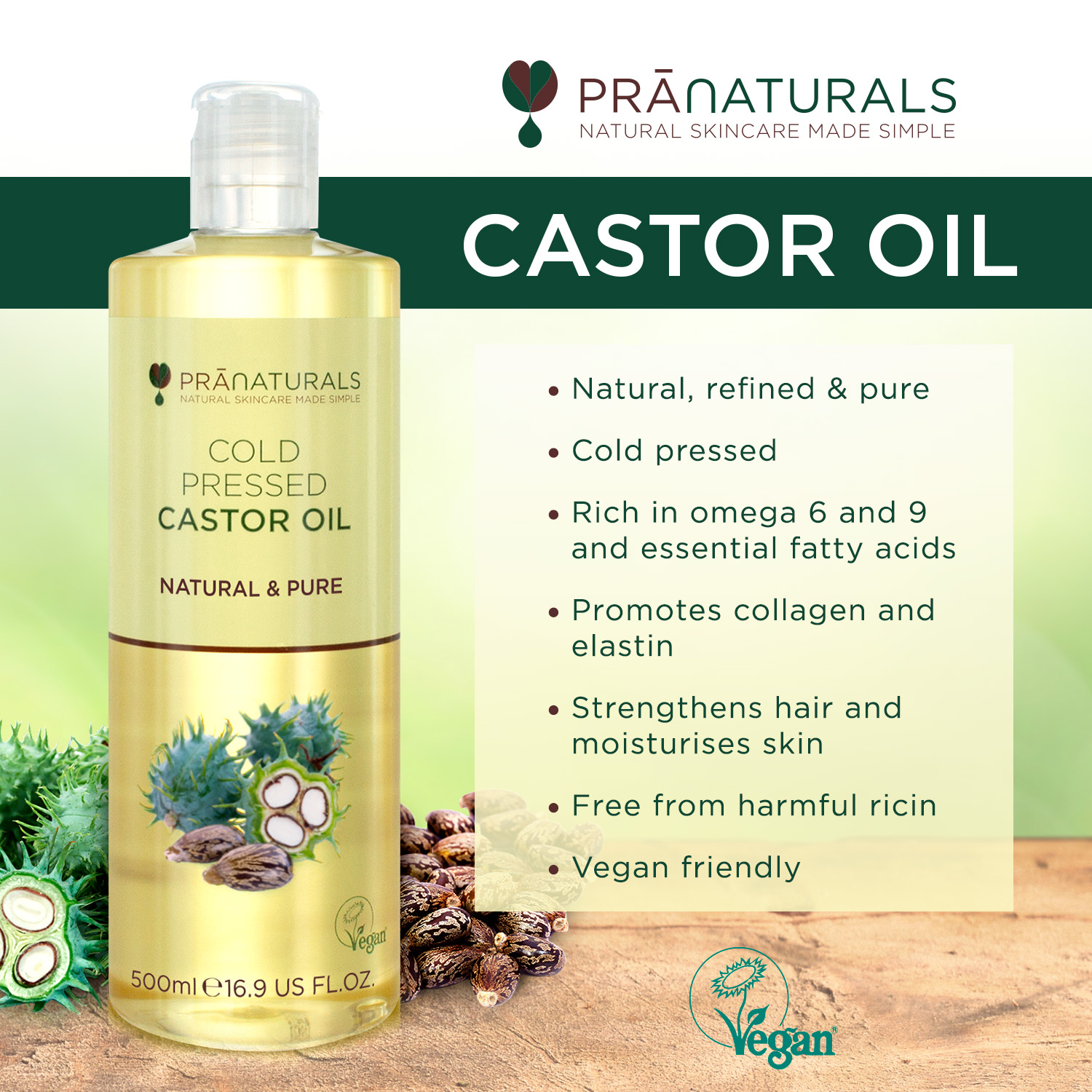 PraNaturals Cold Pressed Castor Oil Natural Pure Refined for Hair Skin ...
